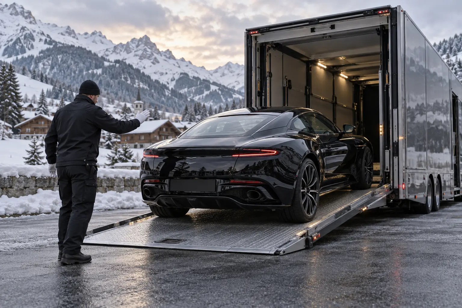 Geschlossener Luxus-Autotransporter beim Verladen eines Sportwagens in Gstaad, Schweiz